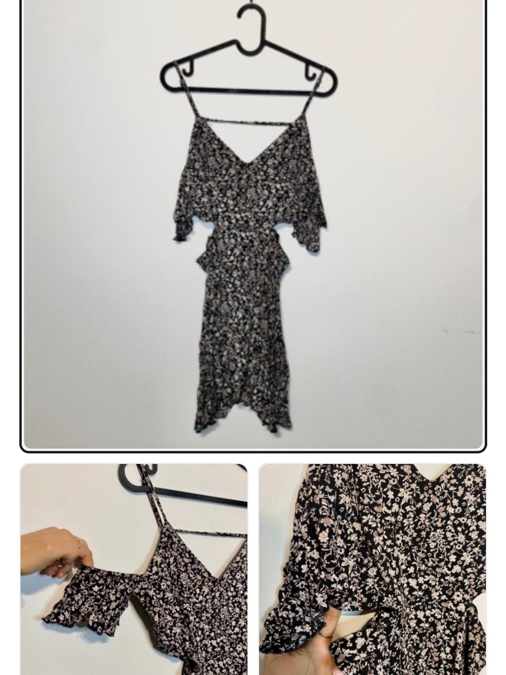 YOINS Black and White Floral Midi Dress with Ruffle Overlay
